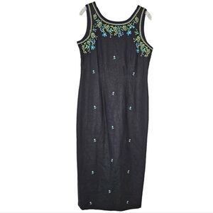 Ultra Dress New York black linen blend sleeveless midi dress embroidery trim